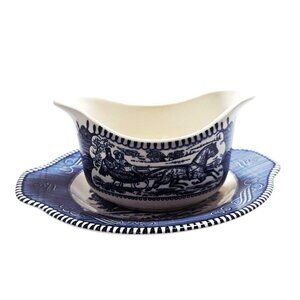 Currier Ives Gravy Boat Underplate Royal Pottery blue USA transferware ironstone